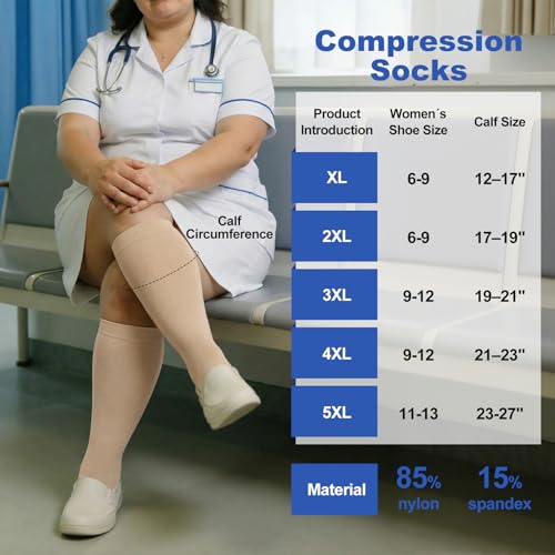 Image of Plus Size Compression Socks for Women Men Wide Calf L /XL-5XL (15-20mmhg) Knee High Socks Support Compression Stockings for Nurses and Flying