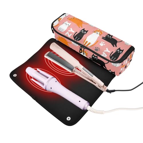 Bolsa de Viaje para Herramientas de Pelo y Tapete Resistente al Calor con Cierre impermeable para Plancha y Rizador Rosa con Gato Loco miniatura 2