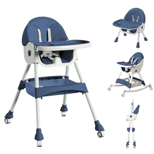 Image of High Chairs for Babies and Toddlers, 4 in 1 Convertible Baby High Chair, Portable High Chair for Travel with Adjustable Height and Back, Foldable HighChair with Wheels& Pu Cushion (Navy Blue)