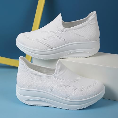 RUIDENG Women Shoes Stretchy | Wedge Loafers for Women Daily Basis | 2 Inch Rocker Bottom White Size 7