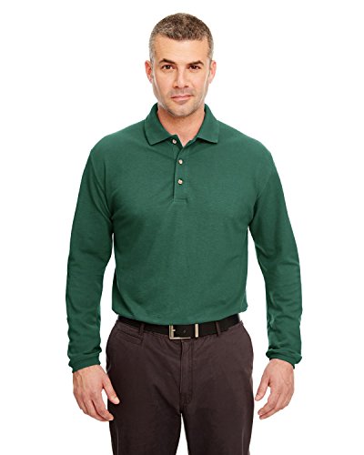 UltraClub Men's Classic Long Sleeve Pique Polo Shirt, Forest Green, Large