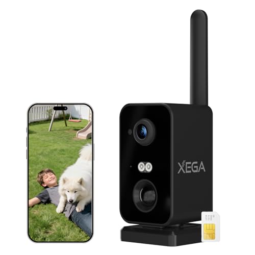 Xega 4G Portatile Telecamera con SIM da Esterno/Interno,10000mAh Batteria Videocamera Senza WiFi,180°Pan,PIR Rilevamento Umano,Visione Notturna a Colori,Audio Bidirezionale,RV/Campeggio/Viaggio
