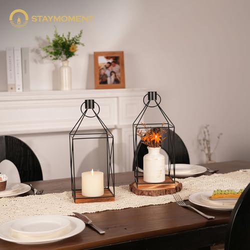 Staymoment Candle Sconces Wall Decor: Set of 2 Farmhouse Wood Candle Holder Indoor Black Metal Lantern Decorations for Living Room Front Porch Yard