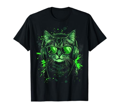 DJ Cool Pop Art Aufdruck Techno Festival Outfit Jungs Katze T-Shirt