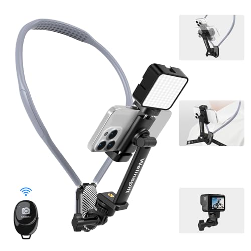 Soporte para teléfono de cuello mejorado con correa antivibración y luz de relleno, soporte de teléfono POV/Vlog ajustable de 65 cm con control remoto Bluetooth para grabación manos libres, compatible