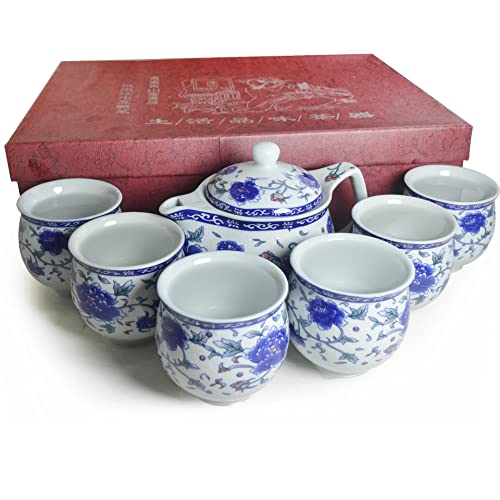 ZHCHSH Juego de tetera de porcelana, 1 olla y 6 tazas, 30 onzas, azul