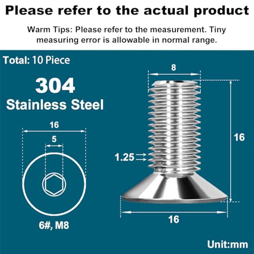 Drenky 10 Stück M8 X 16mm Senkkopfschrauben Edelstahl V2A VA A2 Schraube mit abgesenktem Kopf DIN 7991 / ISO 10642 Senkschraube Rostfrei Silber Innensechskant Schrauben Metrisches Regelgewinde