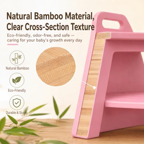 Image of Bamboo 2 Step Stool 300lbs Capacity, Wooden Two Step Stool with Non-Slip Handles, Heavy Duty Stepping Stool for Bedside High Beds Adults, Sturdy Small Bathroom Kitchen Pink Step Stool