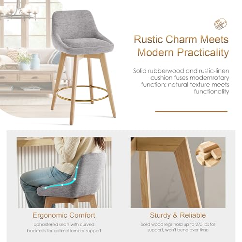 Image of Zesthouse Swivel Counter Height Stools Set of 2, 26 inch Wooden Barstools with Back & Solid Wood Legs, Modern Upholstered Bar Stools for Kitchen Island, Grey Linen Fabric Counter Height Chairs