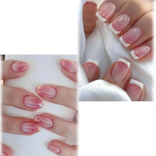 48 PCS Fake Nails for Girls, Pink French Press On Nails Kit, 2 Sets of 48 Artificial Nails for Women, Nail Extensions for Weddings, Parties and Daily Fashion(Bring Tool Kit)