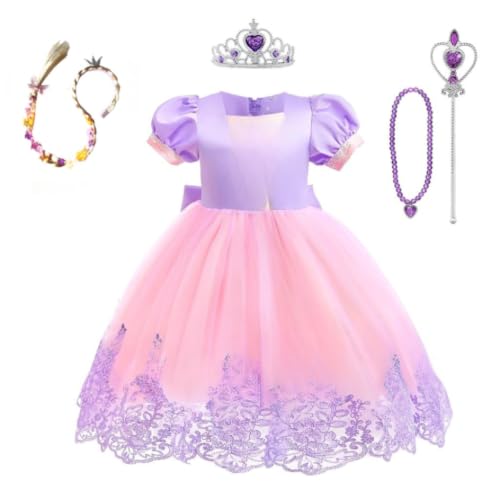 Disfraz de princesa con pelo largo infantil morado confeccionado con tul de alta densidad