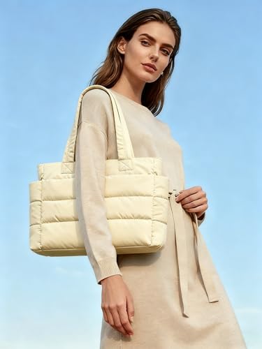 Image of charlore Tote Bag for Women, Puffer Quilted Handbag with Compartments Lightweight Puffy Tote Shoulder Bag for Travel, Work, Gym