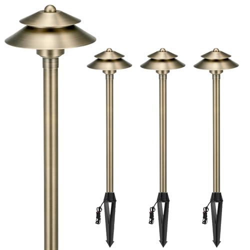 Gardencoin Solid Brass Low Voltage Landscape Pathway Lights (6'' Shade, 19'' Tall), 12V LED Heavy Duty Path Lighting Outdoor Wired, Waterproof Antique Bronze Walkway Light Without G4 Bulb, 4 Pack