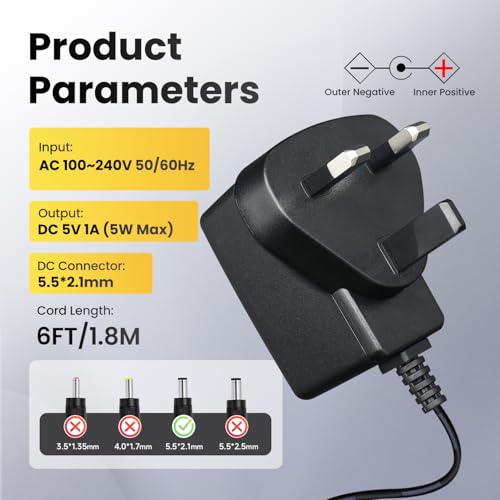 UKCA 5Volt 1Amp 5W 1.8M Power Supply Adapter, 1000mA 500mA AC DC Switching Transformer 5.5x2.1mm Plug for Security Camera, Electrical Toys, Router, Digital Frame, TV Box, etc