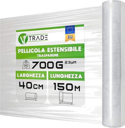 Specifiche affidabili – Rotolo di pellicola trasparente da 150 m, larghezza 40 cm, spessore 23 μm; Allungamento garantito fino al 250%, peso netto: 0,7 kg; Soluzione ideale per esigenze logistiche quotidiane.