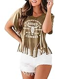 Womens Western Shirt Rodeo Wild West Vintage Cowgirl Graphic Tees Cow Bull Short Sleeve Fringe Tassel Top (M)