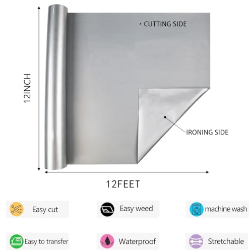 Image of HTV Iron on Vinyl 12Inch by 12ft Roll HTV Heat Transfer Vinyl for T-Shirt HTV Vinyl Rolls for All Cutter Machine - Easy to Cut & Weed for Heat Vinyl Design (Bright Silver, 12ft)