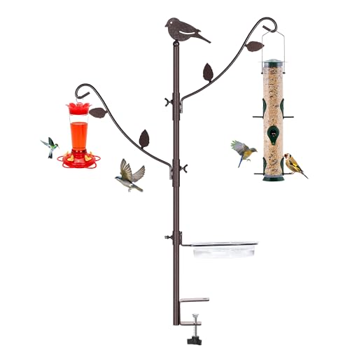 YINGYM Deck Bird Feeder Pole Porch Multi-Hooks Hanging Kit for Outside with Two Adjustable Branches, Water Bowl, Bird Feeder Planter Hanger