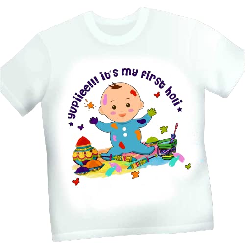 DDL Printed Holi T-Shirt Round Neck/Dry-Fit/My First Holi T-Shirt for Baby, Kids, Girls, Boys (White)