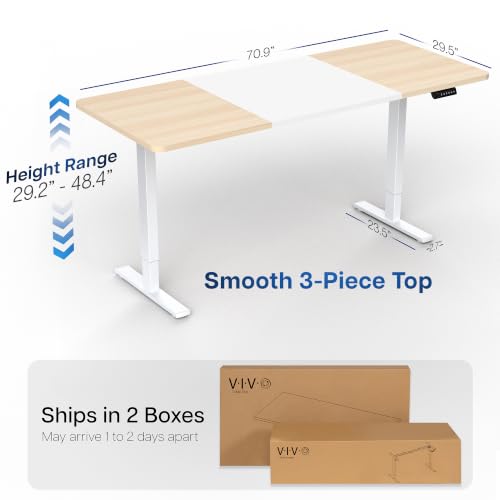 Image of VIVO White /Light Wood 71 x 30 in Standing Desk, DESK-KIT-1W7WC | Electric, Holds 220 lbs, Sit Stand, Height Adjustable, Extra Deep Table Top, Memory Presets, 1B Series, White Frame