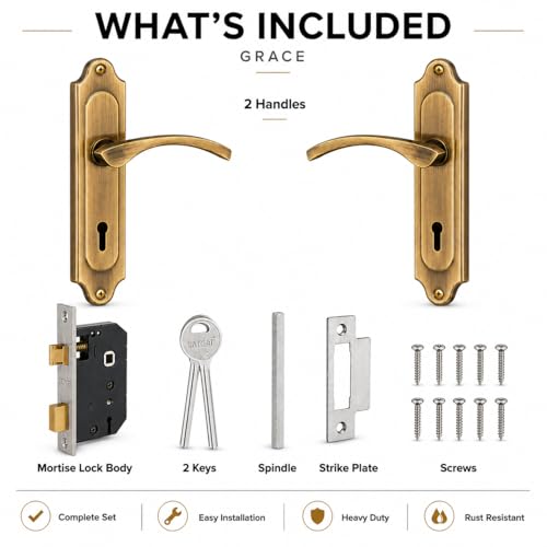 Image of SARDAR Premium 7 Inch Mortise Door Handle Lock Set for Main Door & Bedroom | Heavy Duty Designer Finish with Complete Installation Kit| Grace Antique|
