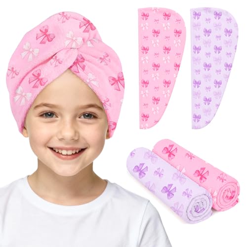 ArthomaHige Microfiber Hair Towel Wrap for Kids 2 Pack Quick Drying Hair Towels with Button Hair Turbans for Wet Hair Absorbent Quick Dry Wraps Head Towel Wrap for Women and Girls Pink Purple Bow