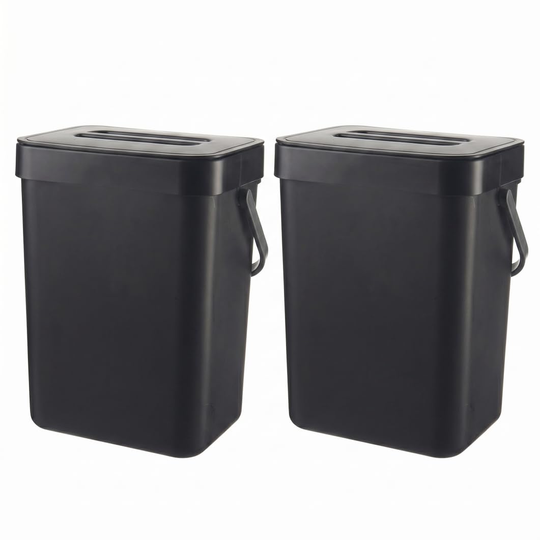 Neptuiby Hanging Trash Can, 3L Plastic Wall Mounted Trash Can Kitchen Compost Bin with Lid and Handle, 2PCS Black.