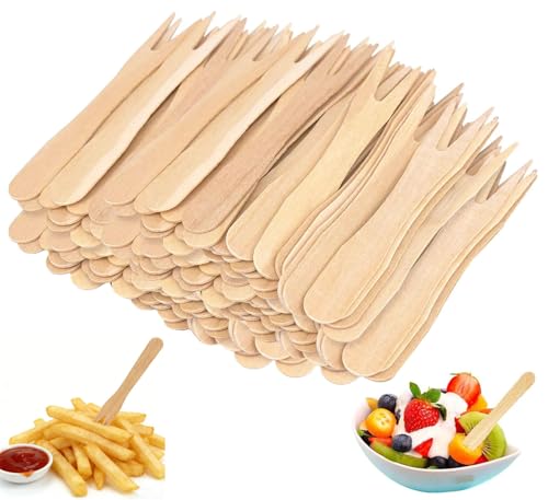 300 Stück Holzgabeln Pommesgabel, Birke Gabeln, 85mm Kleine Gabeln Holz, Pommes Frites Gabelns Partygeschirr, Holzmesser, Pommes Frites Gabel für Party Geburtstag Camping Und Picknick