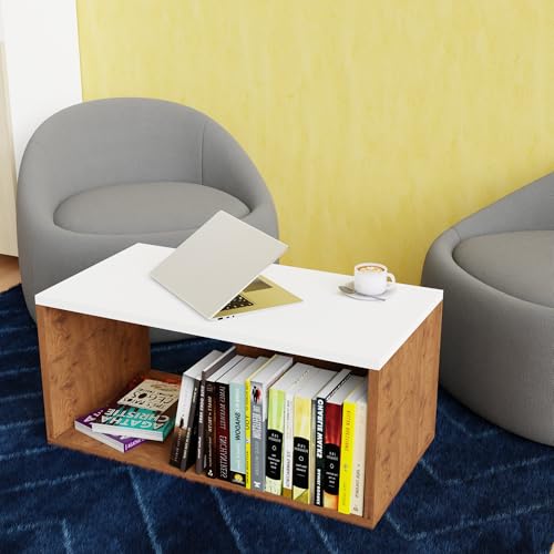 Image of Modern Coffee Table with Storage Shelf | Space Saving Center Table for Living Room | Engineered Wood Tea Table | Easy Assembly | Home & Office Use, Color-Cherry Pine & White, Size-90x50x45Cm