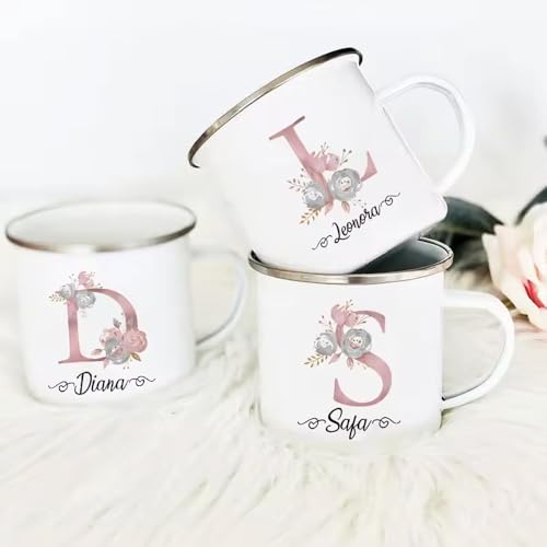 Miguha Tazas personalizadas, tazas de esmalte personalizadas con nombre inicial for chocolate con leche caliente, café, campamento y senderismo, regalos de boda, compromiso, abuela, dama de honor.