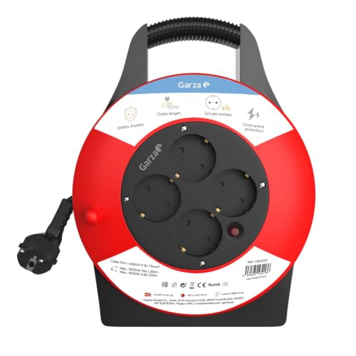 Garza - Enrollacables 10 m, 4 tomas con toma de tierra, doméstico interior, protección infantil, sobretensión y sobrecalentamiento, tambor eléctrico enrollable, rojo y negro, IP20, garantía 3 años