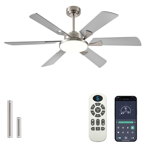 Image of JSAITEE 52 Inch Low Profile Ceiling Fan with Light, Remote & App Control, 3CCT Dimmable,6 Speed 6 Blades Ceiling Fans, Quiet Reversible DC Motor, Modern Nickel Ceiling Fan for Bedroom Living Room