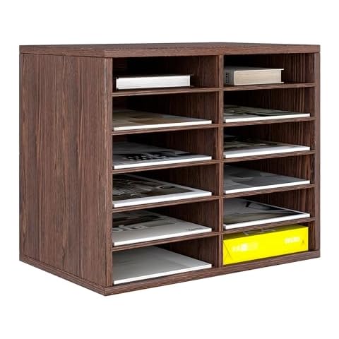 Senhoglb 12 Compartments Mail Sorter Organizer, Sturdy Paper Storage Organizer, Letter Size Wood File Organizer, Desktop Organizer Store Document with Adjustable Shevles for Office, Retro Brown Cover