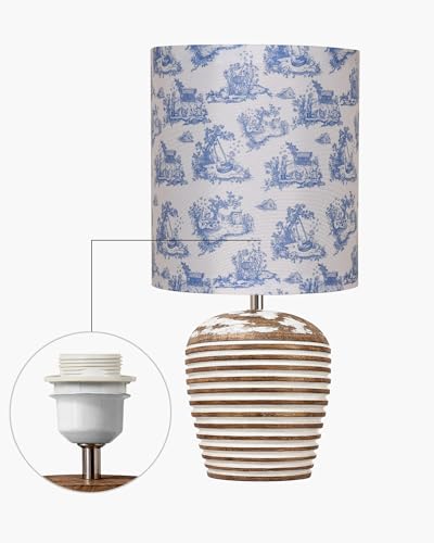 Image of Homesake Wooden Table Lamp for Bedroom | Bedside Lamp with Fabric Shade | E27 Holder with Bulb Included | Warm Light Night Lamp for Living Room, Study Table & Home Decor (KD Blue Printed Drum)