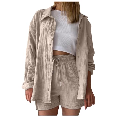Musselin Hose Damen, Sommer Zweiteiler Damen Elegant Musselin Bluse Und Shorts, Aesthetic Lounge Set Baumwolle Sportanzug Oversize Freizeitanzug Langarm Hausanzug Clothes S