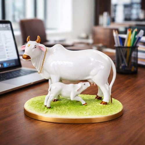 Image of Sai Amrut Handicraft Decorative Polystone Cow and Calf Big Statue /Idol for Gift Home Decor 7 inch (Marble Cow), White