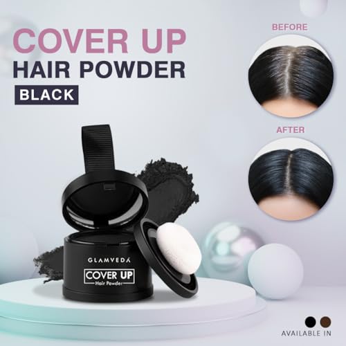 Image of Glamveda Cover-Up Hair Powder Black | Instantly Covers Grey Roots, Bald Spots & Thinning Hair | Hairline Filler for Fuller & Denser Looking Hair | Highly Pigmented Matte Finish | Long-Lasting Coverage | 4g
