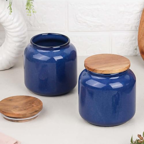 Image of The Earth Store Galaxy Blue Handcrafted Ceramic Jar Set of 2, 550 ML | Wooden Air Tight Lid Jars for Pickles /Achar, Chutney, Sauces, Salt, Candy and Spices | Ceramic Jar for Kitchen, Gifting