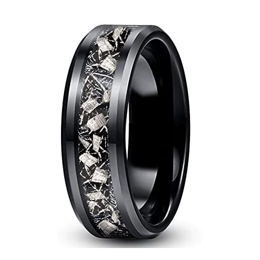 Kingsway Jewelry Unisex Black Zirconium Wedding Bands with Real Meteorite Inlay – 6mm Beveled Edge Comfort Fit Mens Wedding Band – Luxurious Engagement Ring for Women and Men – Size 8-13