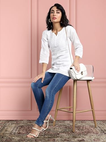 Image of Ada Hand Embroidered Lucknowi Chikankari Cotton Top for Women A208704