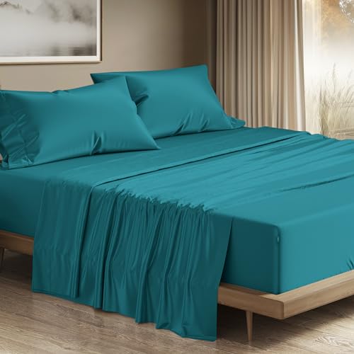 Image of THREAD SPREAD 100% Egyptian Cotton King Size Sheets Set - Luxury 1200 Series Plush Collection Egyptian Cotton Sheets King Size (4 PC, Teal), Silky Soft, Cooling, 17 inch Deep Pocket Bed Set