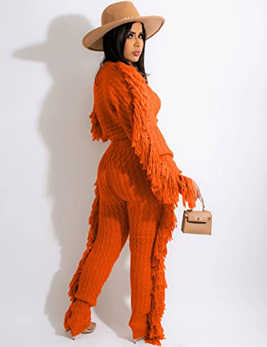 Image of KANSOON 2 Piece Sweater Set for Women Cable Knit Fringe Crop Top and Pants | Cozy feel, ribbed high waist, comfortable stretch fit for birthday and chilly going-out outfits
