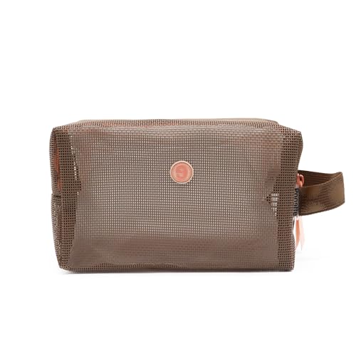 PONETTE - Neceser Formentera Impermeable con Asa, Bolsa de Aseo para Playa, Piscina, Viaje y Gimnasio, Diseño Translúcido de Rejilla 22x13x10 cm, Marca Española - Marrón
