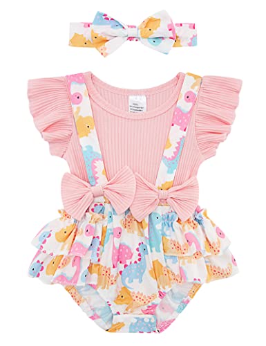 Image of UNICOMIDEA Baby Girl Summer Clothes Dinosaur Romper 12-18 Months Pink Infant Outfit With Headband Fashion Animal Toddler Girls Bodysuit Ruffled Sleeves Baby Jumpsuit Set