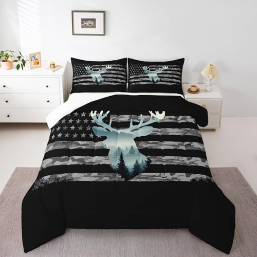Image of Feelyou Camo Hunting Bedding Set - Twin Size, Forest Smoky Deer Comforter, American Flag Duvet Set with 1 Pillow Case