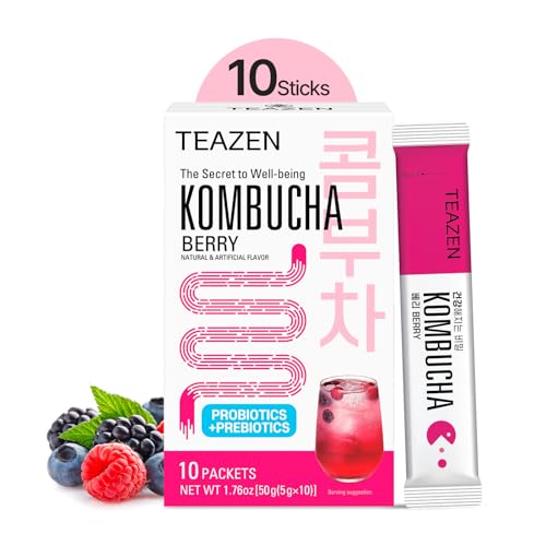 TEAZEN - Kombucha Berry Probiotisches Teegetränk - Instant Getränkemischung - 10 Beutel - Zuckerfrei, Vegan, Kalorienarm - Koreanisches Präbiotisches Getränk