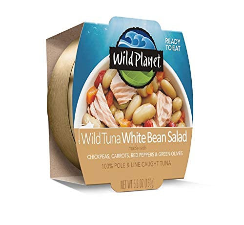 Image of Wild Planet Ready-To-Eat Wild Tuna White Bean Salad, 5.6 Oz, Pack of 9 | White Bean Salad With Organic Chickpeas, Carrots, Red Peppers & Green Olives. Non-GMO, Gluten Free, Kosher, Dairy Free