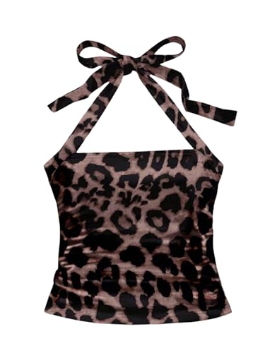 Image of GORGLITTER Women's Leopard Print Halter Neck Tops Ruched Tie Backless Slim Fit Going Out Tops for Women UK Coffee Brown Large