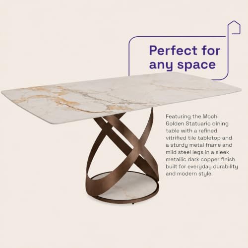 Image of Wakefit Mochi Dining Table - Golden Statuario - 6 Seater I Marble Finish I Vitrified Tile Top I Golden Statuario