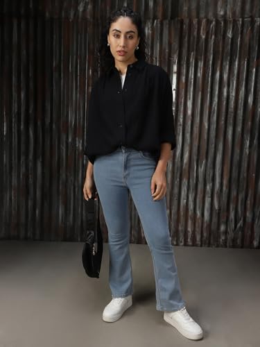 Image of High Star Women Cotton Solid Oversized Fit Casual Collar Full Sleeves Shirts